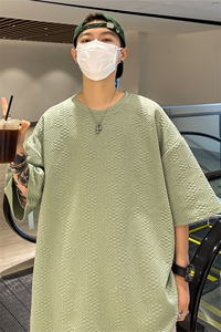 T8073/P30夏季港风宽松半袖潮短袖透气T恤男纯色提花上衣大码男图片