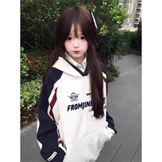 抖音得物秋装美式重磅全棉拼接撞色连帽卫印花衣外套A3206，女装短外套，电商A443