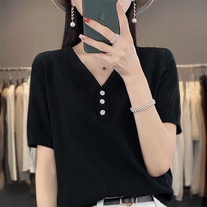 连帽蕾丝短袖T恤女夏季2025新款打底衫洋气大码女装百搭针织上衣图片