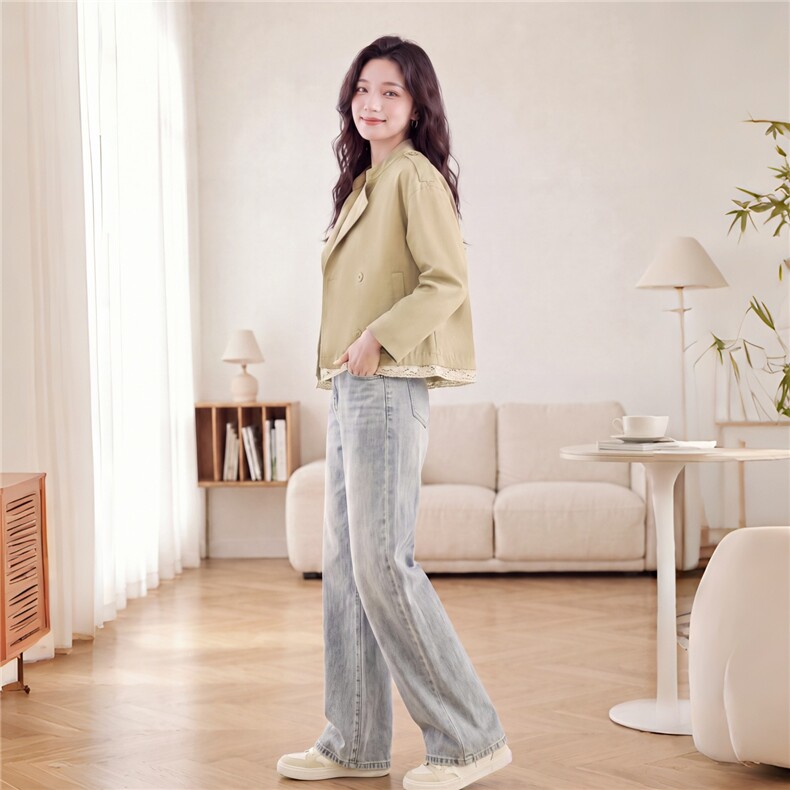 2026秋卡其色蕾丝拼接短款风衣外套女,女装短外套,
