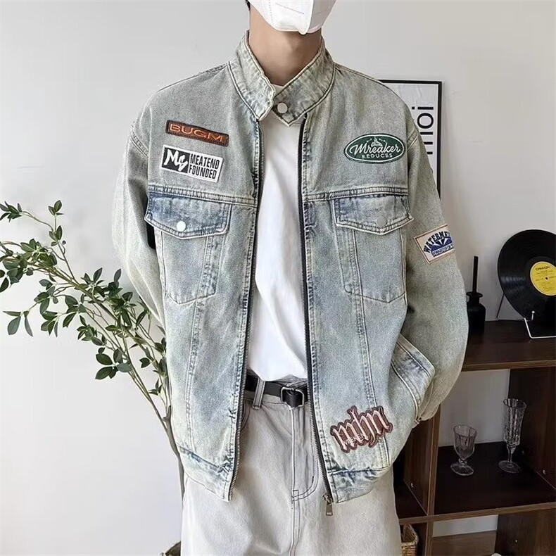美式复古刺绣牛仔外套女春秋2025新款宽松休闲vintage立领机车服,男装工装外套,星座1210-1