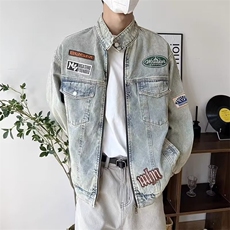 美式复古刺绣牛仔外套女春秋2025新款宽松休闲vintage立领机车服，男装工装外套，星座1210-1