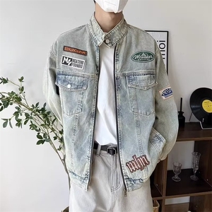 美式复古刺绣牛仔外套女春秋2025新款宽松休闲vintage立领机车服图片