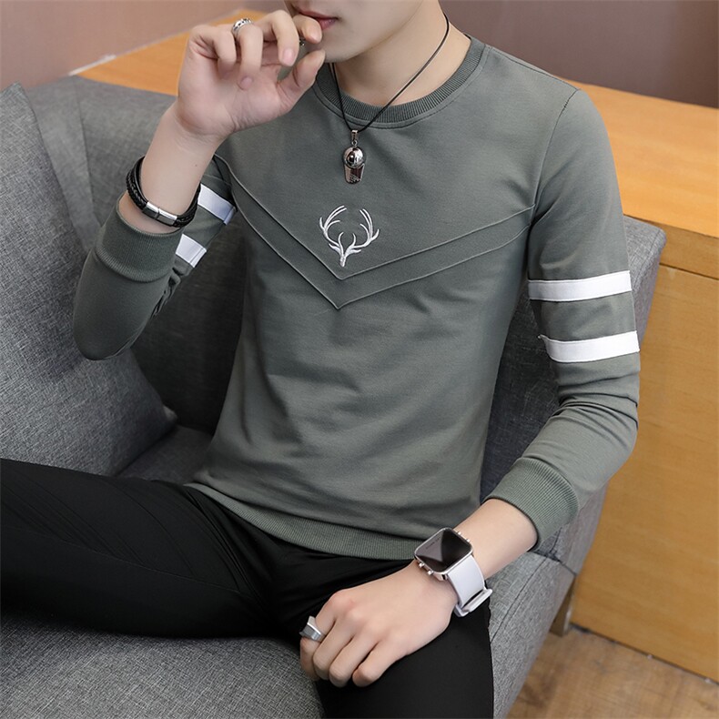 款6609-P35春季新款卫衣男圆领绣花打底衫男士套头纯棉长袖T恤图片
