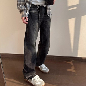 美式复古水洗做旧泼墨宽松直筒牛仔裤男女休闲百搭长裤潮图片