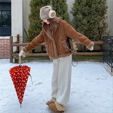 小个子羊羔毛外套女冬新款韩系爆款今年流行加绒加厚短款皮毛一体，女装羊羔毛/颗粒绒，乐吉娜