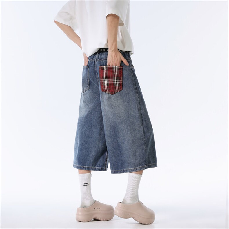 221-1/DK4012/P50控68高品质美式高街格子拼接蓝色牛仔七分裤短裤，男装牛仔裤，星座221-1