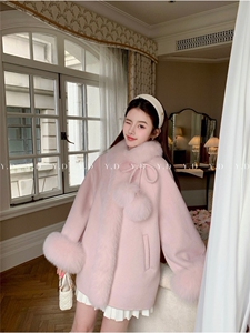 【依嘟】小个子甜美皮草中长款狐狸毛球2025新款羊毛外套(配图片