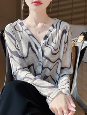 v领新款针织女长袖花色简约百搭宽松开衫上衣，女装针织衫/毛衣，绒宛羊绒