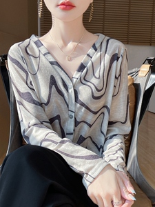 v领新款针织女长袖花色简约百搭宽松开衫上衣图片