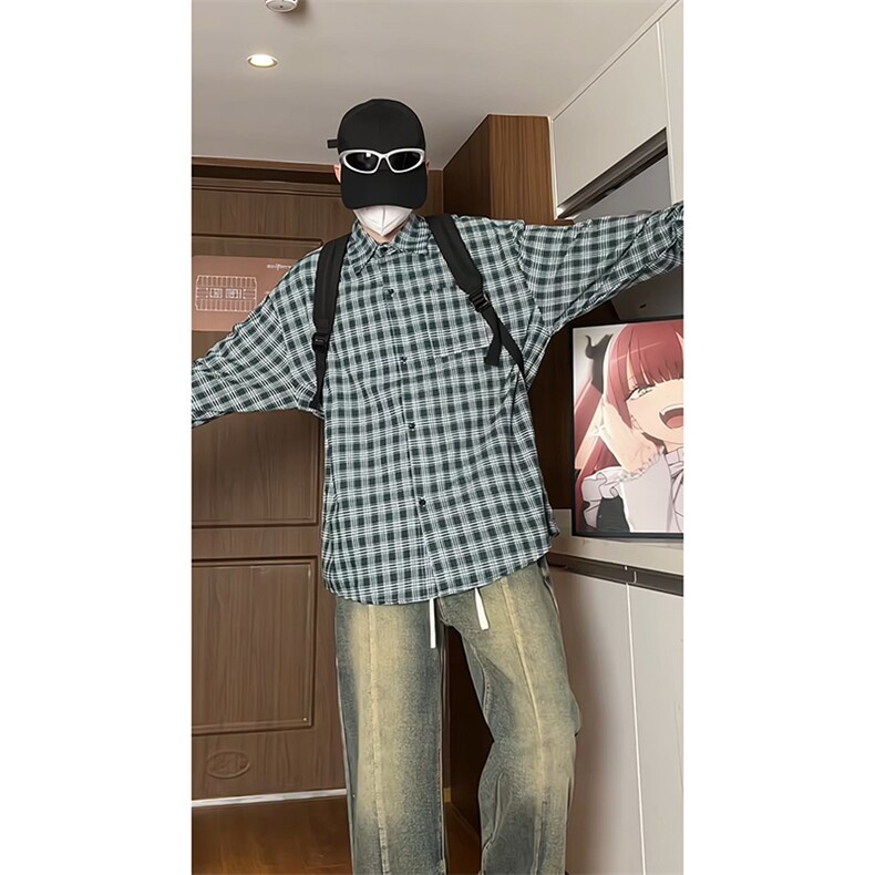 港风宽松格子衬衫男KD613-P45控68，男装衬衫，电商D312-1