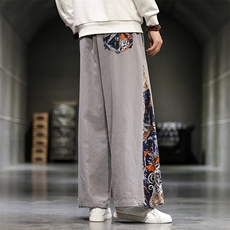 秋风刺绣直筒裤大码宽松裙裤拼色阔腿裤棉麻休闲裤男/，男装休闲裤，电商B275