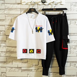 夏季T恤潮搭卫裤韩版宽松休闲帅气青少年时尚流行套装男F164P75图片