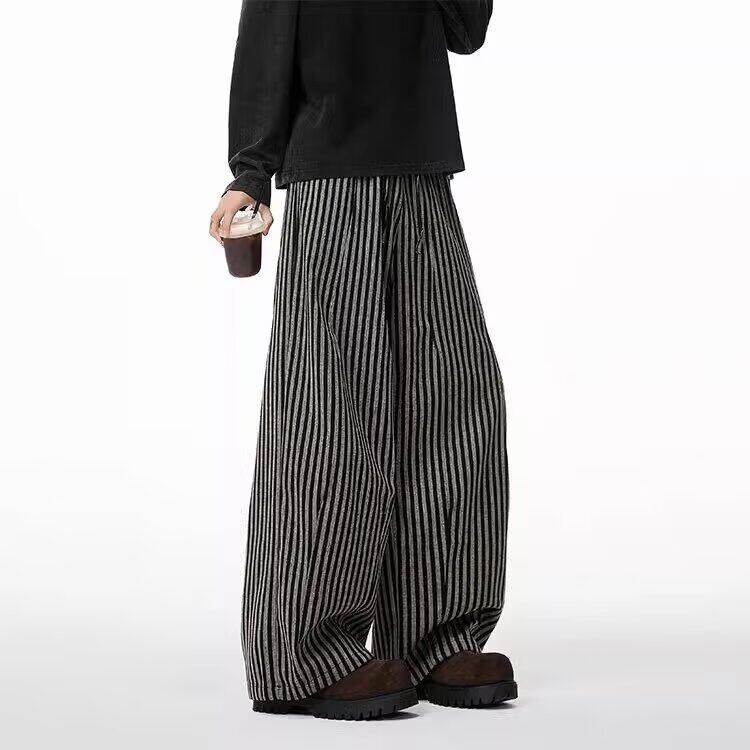 网络图美式竖条纹休闲裤男女春季慵懒风垂感直筒裤弯刀阔腿拖地裤,男装休闲裤,星座715-4
