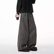 网络图美式竖条纹休闲裤男女春季慵懒风垂感直筒裤弯刀阔腿拖地裤，男装休闲裤，星座715-4
