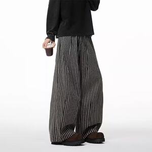 网络图美式竖条纹休闲裤男女春季慵懒风垂感直筒裤弯刀阔腿拖地裤图片