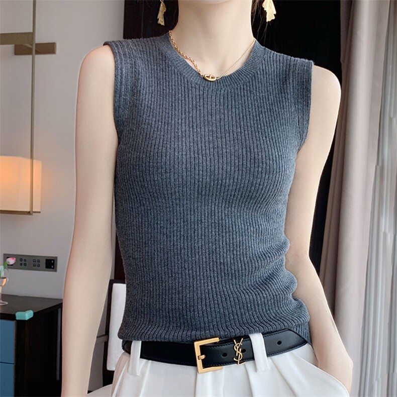 薄款圆领修身针织吊带背心女气质显瘦内搭精纺无袖，女装背心吊带，暖烁羊绒