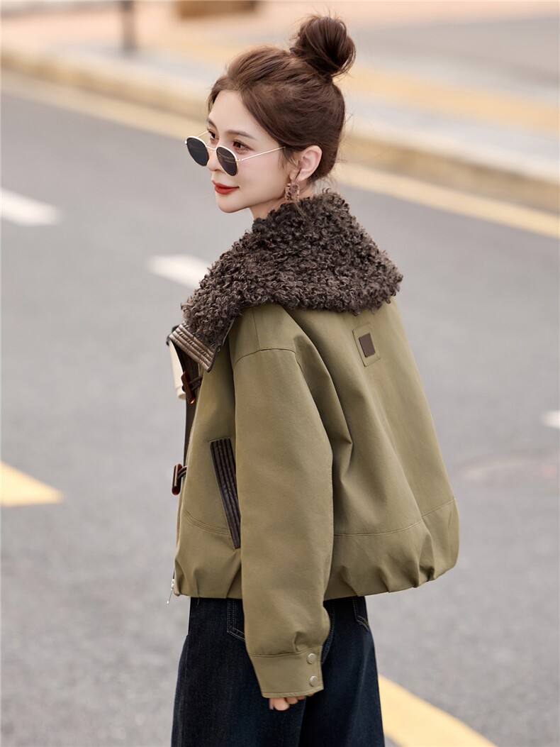 现货工装大翻领短款羽绒服女2026冬季新款加厚保暖派克服外套,女装羽绒服,美沁