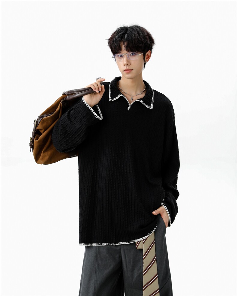 美式简约翻领亨利领百搭设计麦穗纹手缝线polo衫长袖卫衣WY02TP40，男装Polo衫，电商B318