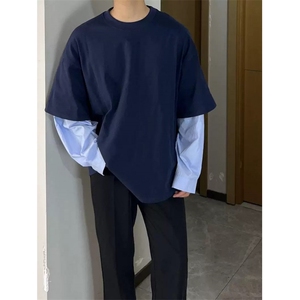 【有货】DT6688-P60假两件T恤拼接袖子男女宽松春秋上衣长袖潮图片
