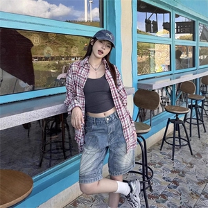 美式复古宽松水洗牛仔短裤男女街头做旧阔腿五分裤潮KA1118-P40图片