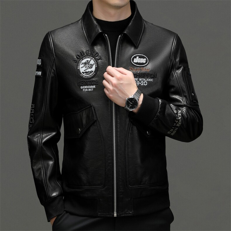 秋冬新款海宁皮衣男牛皮外套徽章空军服刺绣皮衣翻领P960,男装皮衣,电商B360