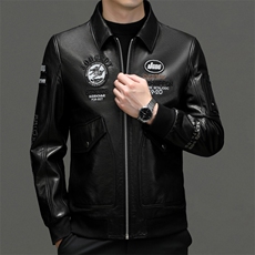 秋冬新款海宁皮衣男牛皮外套徽章空军服刺绣皮衣翻领P960，男装皮衣，电商B360