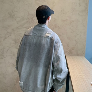 Wt3343-P78美式复古破洞宽松型拉链牛仔夹克图片