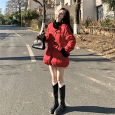 新中式红色毛绒拼接羽绒服女2025冬新款小个子时尚提花外套高级感，女装羽绒服，2C159