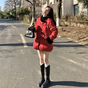 新中式红色毛绒拼接羽绒服女2025冬新款小个子时尚提花外套高级感图片