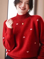 针织衫女半高领法式慵懒风闪烁爱心针织亮丝新年红毛衣，女装针织衫/毛衣，春贝羊绒