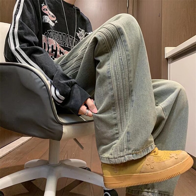直筒牛仔裤男生美式潮牌水洗做旧侧条纹阔腿裤子春款复古工装裤,男装牛仔裤,星座410-7