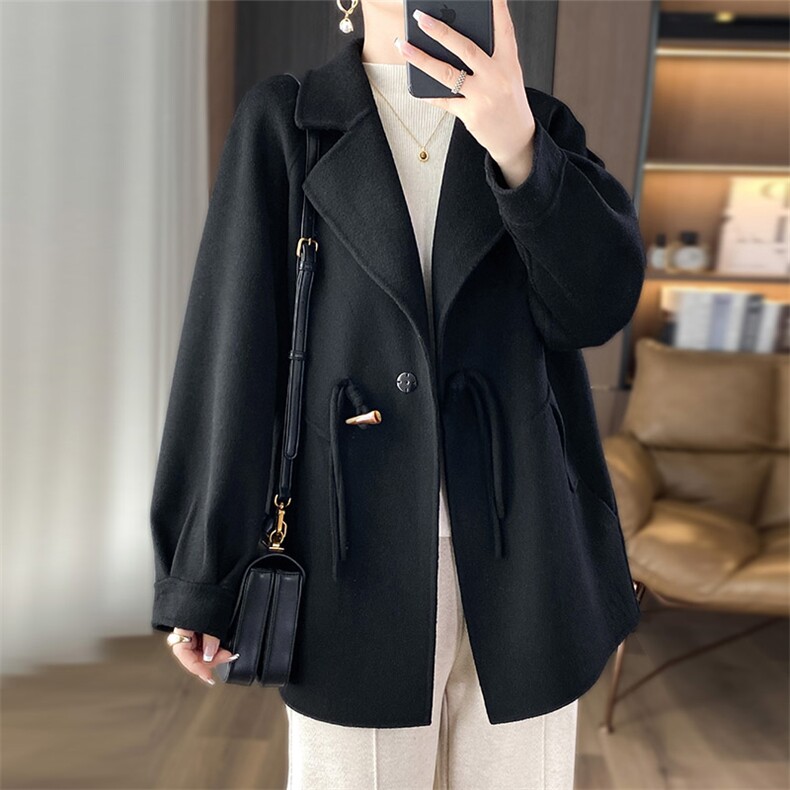 时尚百搭纯色羊毛大衣女款高奢双面呢外套显瘦修身长款风衣,女装双面呢大衣,乾庄羊绒