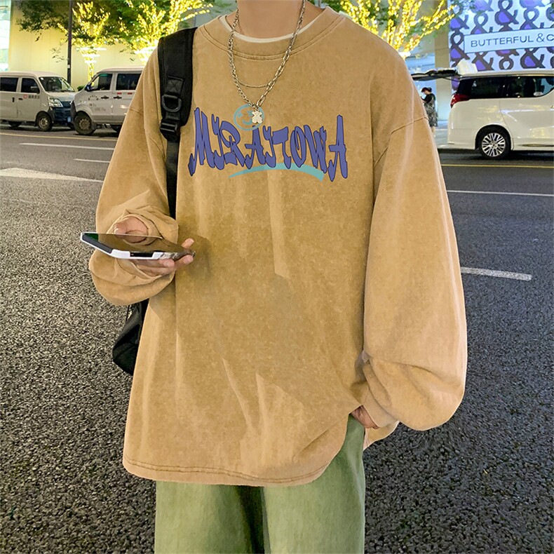 直播品质重磅纯棉美式蜡染水洗做旧潮牌宽松长袖t恤CT378特P38,男装T恤,电商A486