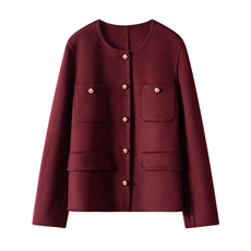 2025年秋季新款百搭女士圆领短款长袖系系扣带兜大衣，女装双面呢大衣，织美生