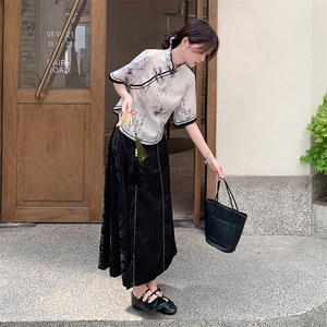 黑白新中式国风复古水墨画套装裙女2025夏季新款上衣半身裙两件套图片