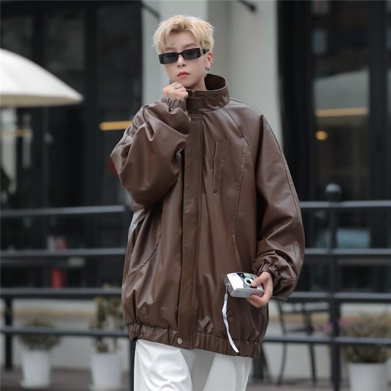 黑色立领皮衣夹克男生高级感外套潮流帅气PU皮户外机车W9286-P73,男装夹克,星座1109-3
