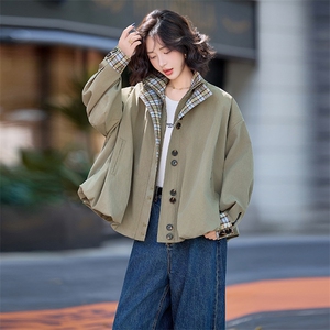 水衣源2796款灯笼外套女咸菜绿立领格子拼接洋气一手长风衣图片