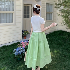 韩版小清新撞色绿色半身裙女2025夏季新款独特绝美超好看两件套潮，女装套装/套裙，2C009