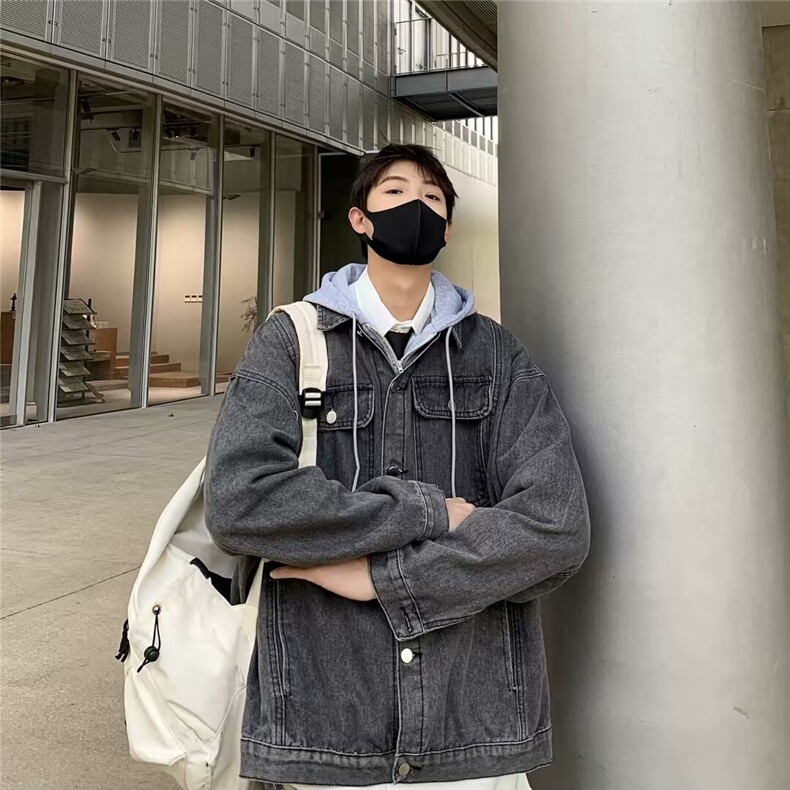 痞帅牛仔夹克男春秋潮牌ins连帽宽松百搭外套潮假两件上衣JK1181,男装夹克,星座1116A-1（原606A）