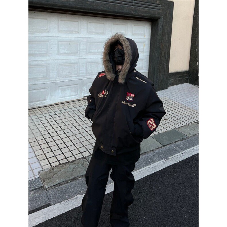 美式复古刺绣徽章座山雕棉衣男款冬季加厚保暖可拆卸毛领连帽棉服,男装棉衣,星座813-2