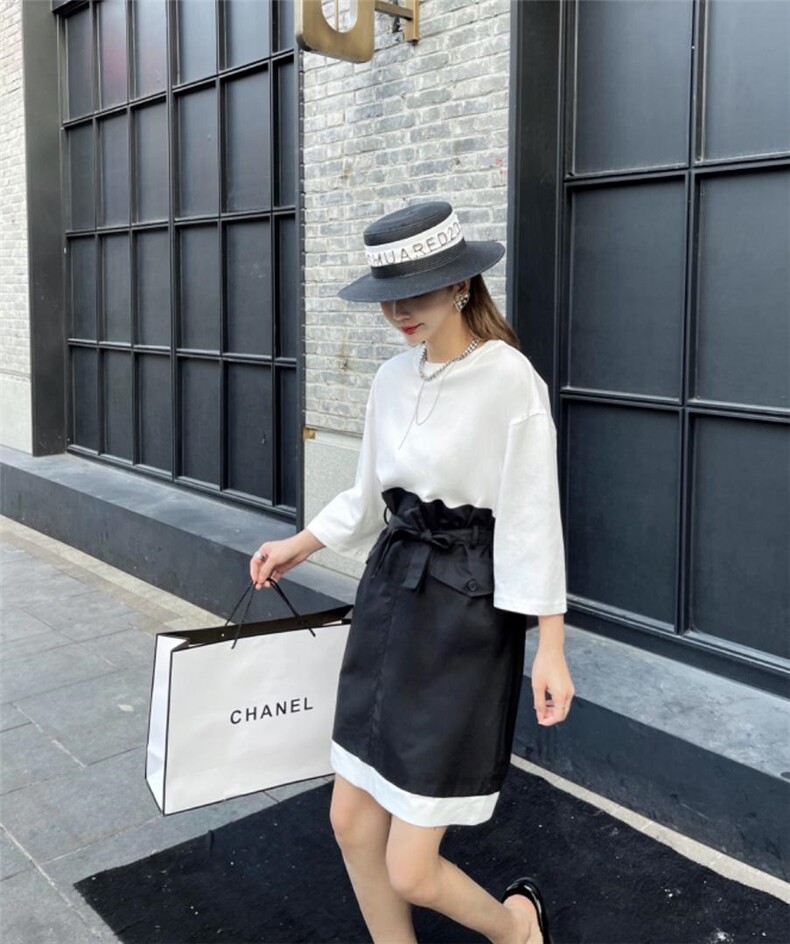 针织拼接连衣裙，女装连衣裙，E·风尚