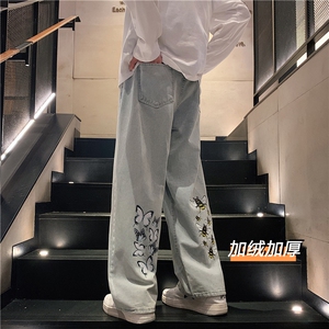 k1009J-p65-控88 M-5XL 水晶绒加绒黄泥色港风高阶宽松牛仔裤微喇图片