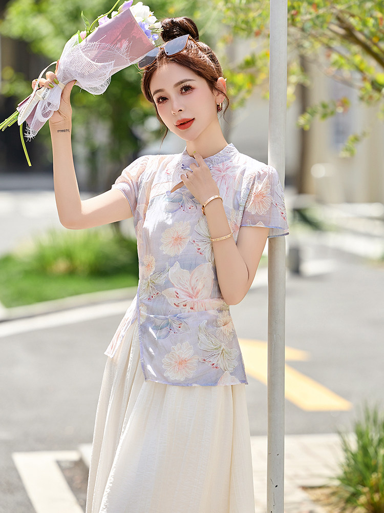 2025夏季新款新中式风禅意复古盘扣上衣碎花半身裙女,女装连衣裙,布芭啦