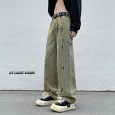 美式高街牛仔裤复古潮流嘻哈设计感水洗长裤男N01744-P50，男装牛仔裤，星座308B-1