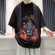 LD54221-P45连帽短袖t恤男大码胖子带帽五分袖中袖大皂风，男装T恤，电商A040