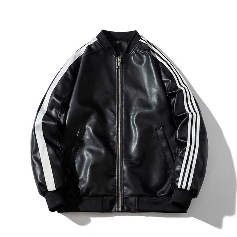 现货三条杠袖子PU皮棒球服外套秋冬棉服,男装棉衣,电商A105