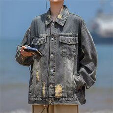 水洗做旧牛仔外套男女潮流破洞美式复古痞帅休闲夹克HGW6605p52，男装工装外套，星座1112-1