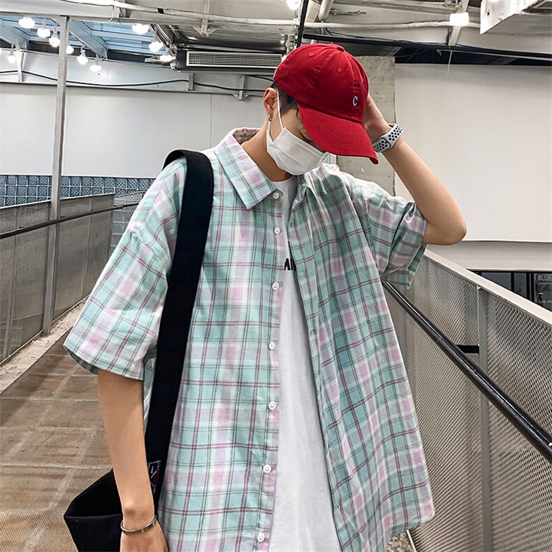 2021年春季新款格子衬衫女宽松落肩港风衬衫男DS-C407-CS301-P35,男装衬衫,电商C323-1