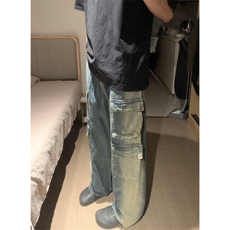 B221美式ins高街重工艺宽松做旧工装牛仔裤子LK23143-P80控108,男装牛仔裤,电商B221